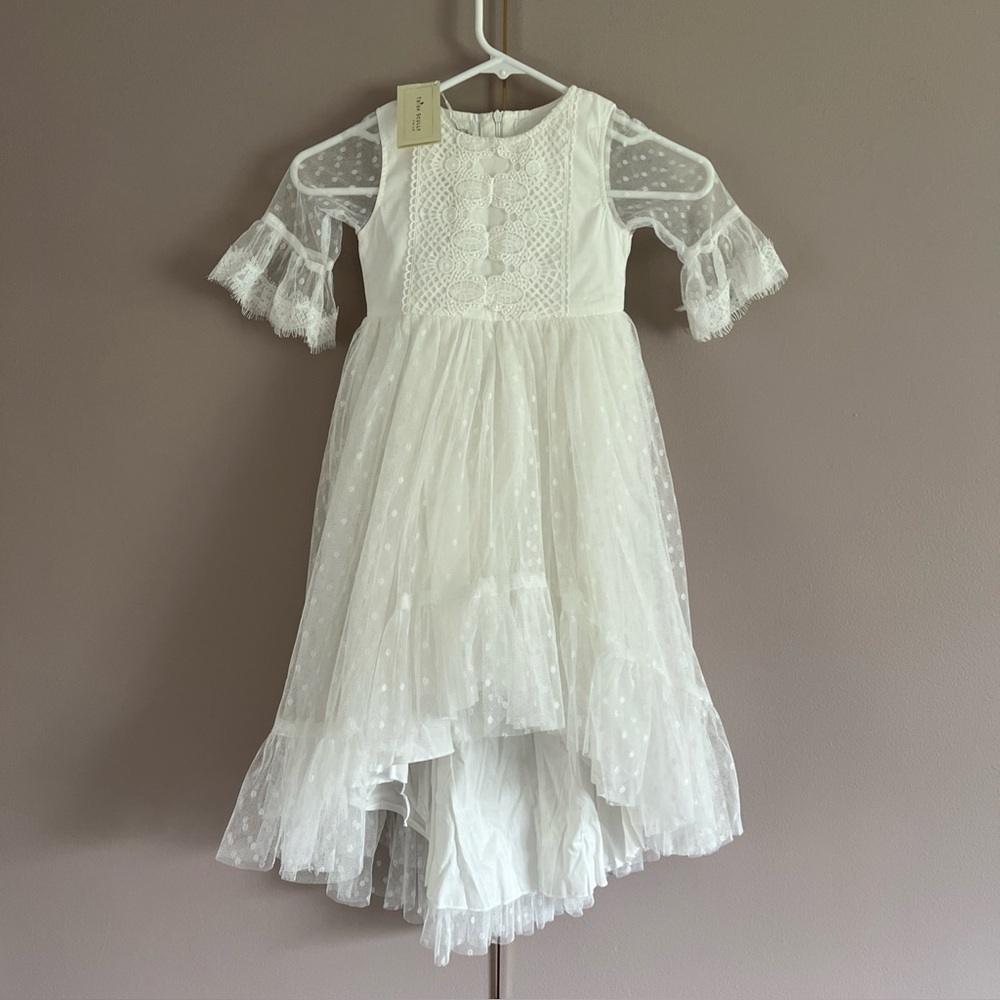 Trish Scully Swiss Dot Tulle Lace Hi Low Dress Girls 5 White Wedding Communion